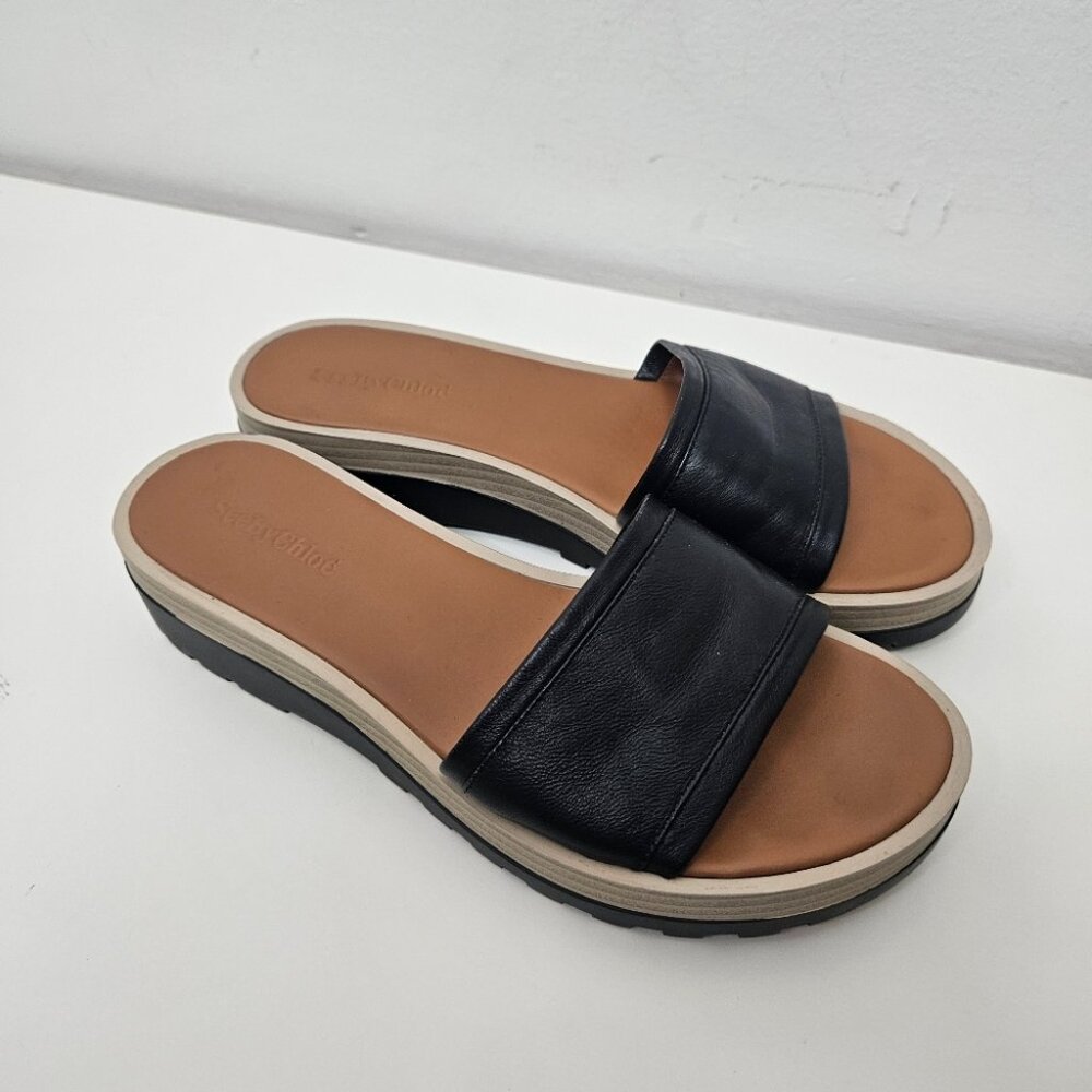 See By Chloé Black Leather Slide Sandals with Tan Footbed